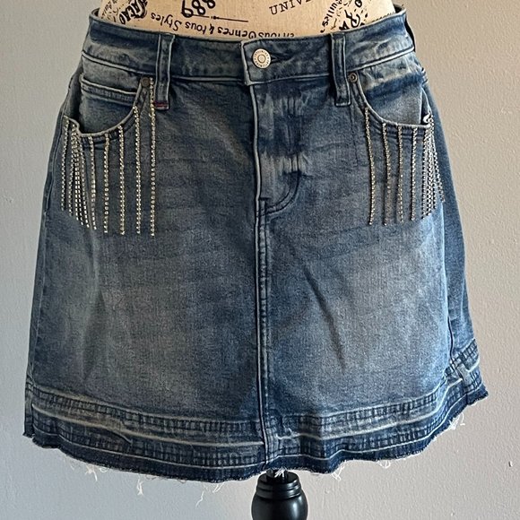 Distressed jean skirt w/bling fringe - Picture 1 of 4